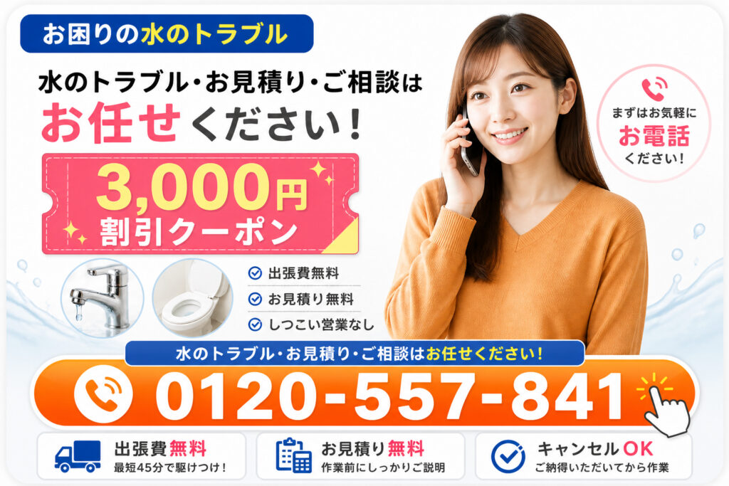 水道修理緊急センターへのお電話はこちらをタップで3,000円割引クーポン。トイレつまり・キッチンつまり・蛇口水漏れ修理等お見積り後に作業でしつこい営業なし