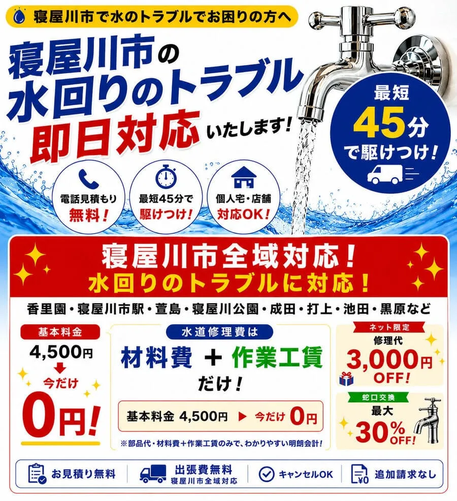 寝屋川市で水道修理・トイレつまり・蛇口の水漏れならお任せください。寝屋川市全域へ対応しております。