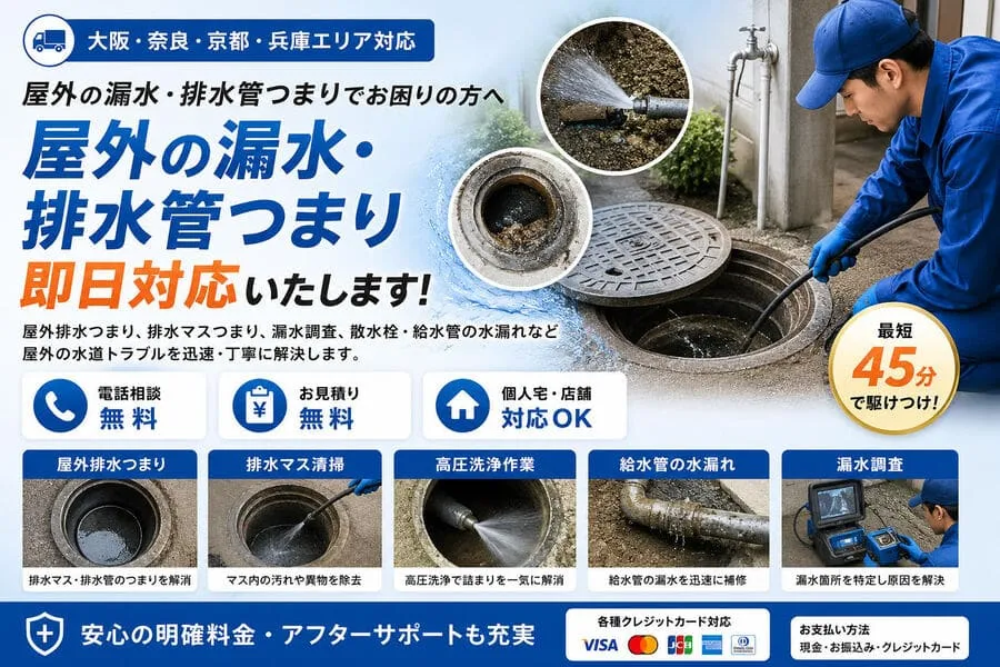 大阪の屋外排水つまり・排水マスつまり・散水栓や屋外蛇口・給水管の水漏れ修理を最短45分で即日対応する水道修理スタッフ