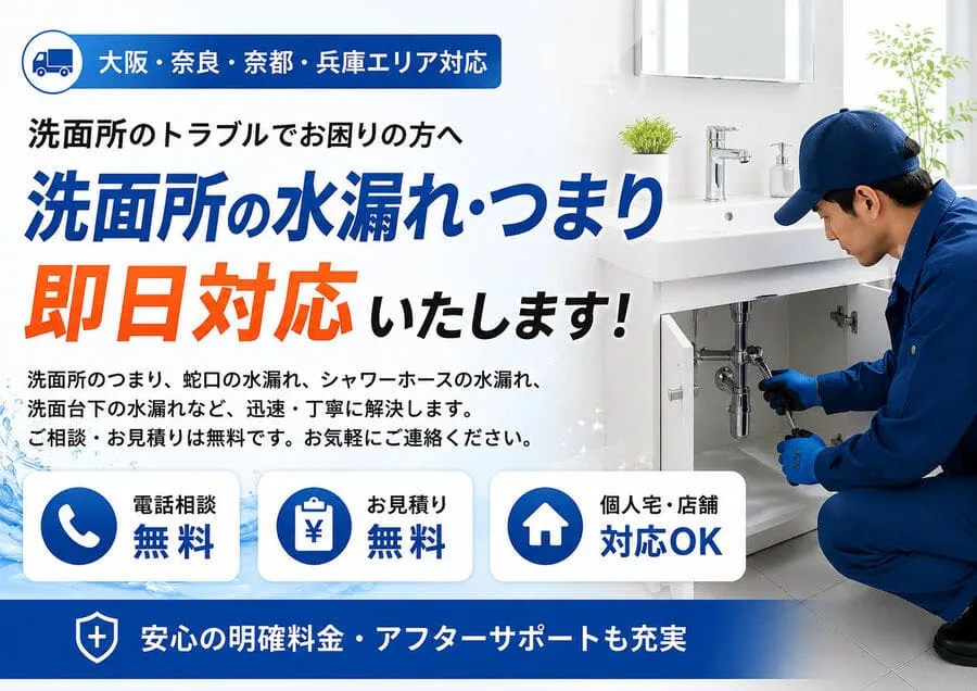 大阪で洗面所の排水つまり・蛇口水漏れ・シャワーホースや洗面台下の水漏れ修理を最短45分で即日対応する水道修理スタッフ