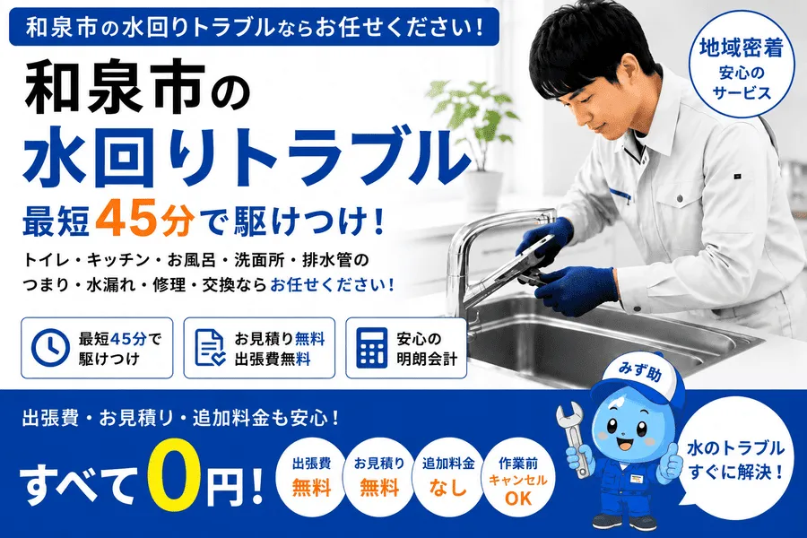 和泉市の水回りトラブル・トイレつまり・排水つまり・水道修理に最短45分で対応