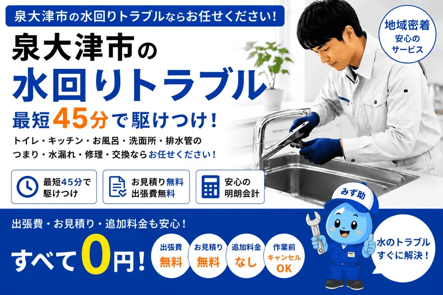 泉大津市の水回りトラブル・トイレつまり・排水つまり・水道修理に最短45分で対応いたします。