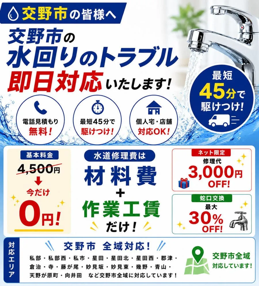 交野市の水道修理・水漏れ修理・トイレつまり修理対応ですぐ駆け付けます