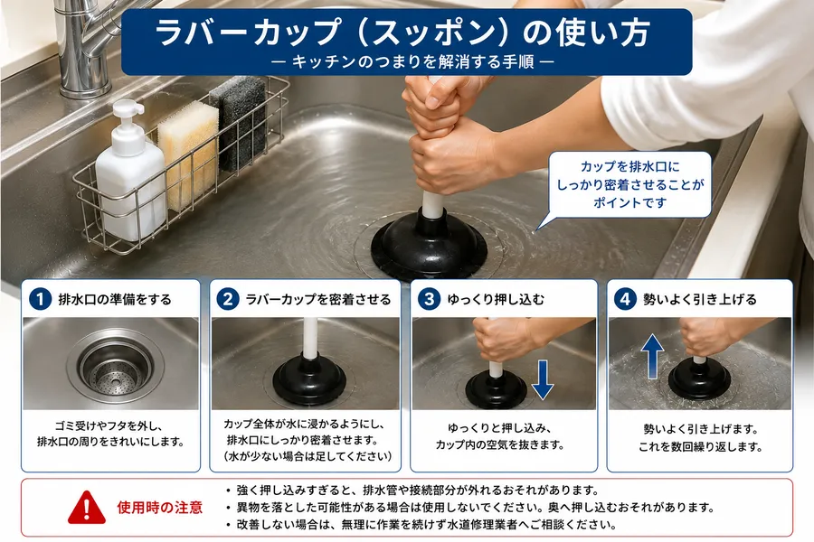 キッチンシンクでラバーカップを使って排水つまりを解消する方法