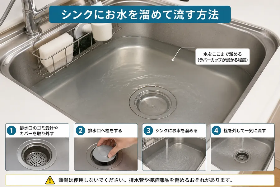 キッチンシンクにお湯をためて排水つまりを解消する方法