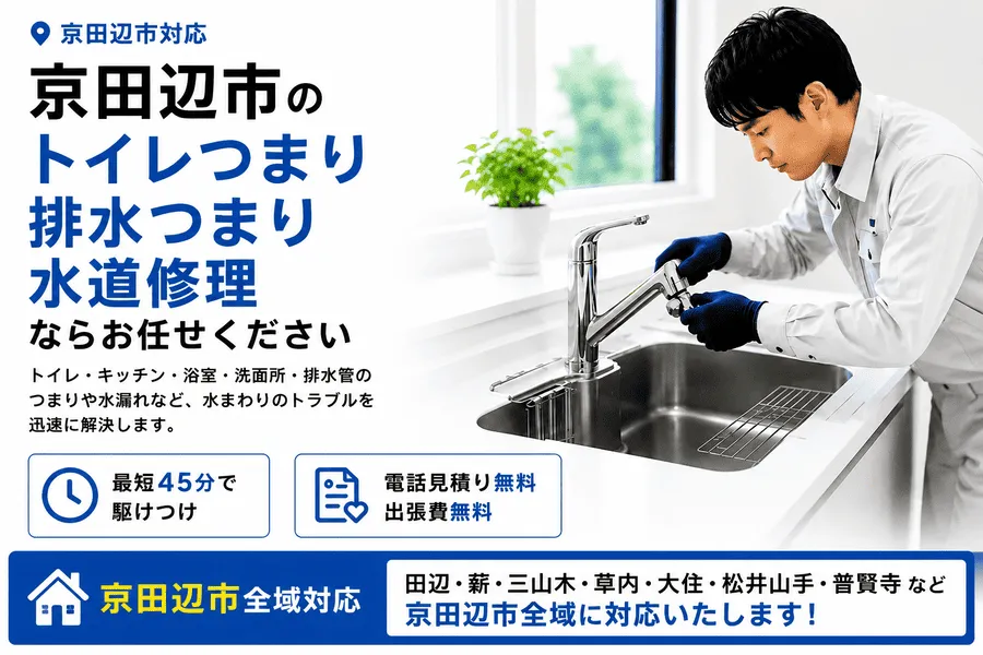 京田辺市のトイレつまり・排水つまり・水道修理なら最短45分で対応する水道修理スタッフ