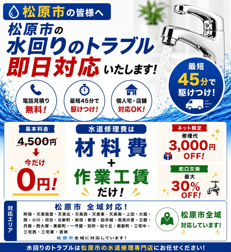 松原市のトイレつまり・水漏れ・排水つまりに対応する水道修理緊急センター