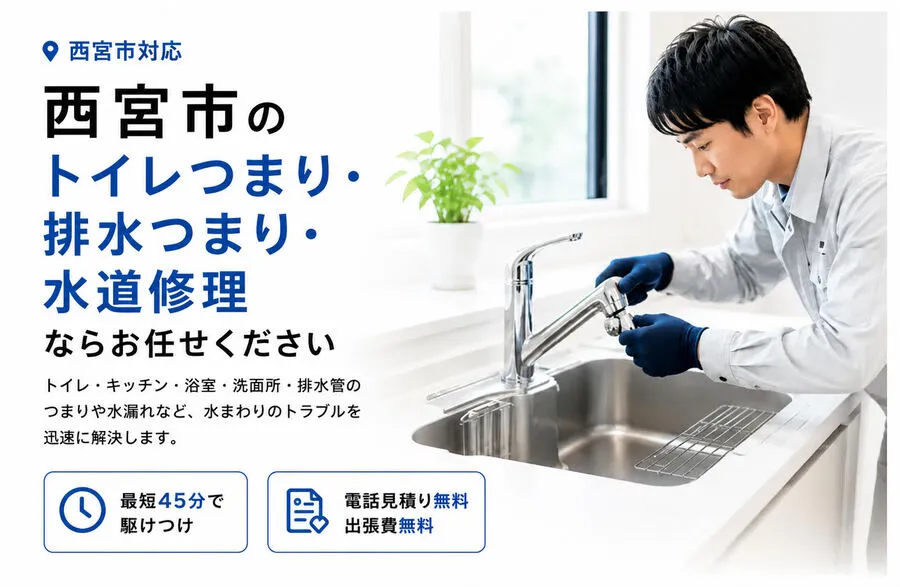 西宮市対応のトイレつまり・排水つまり・水道修理サービス。最短45分で駆けつけ、電話見積り無料・出張費無料