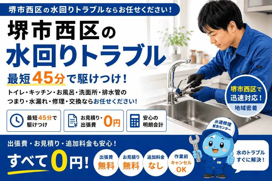 堺市西区のトイレつまり・排水つまり・水漏れに対応する水道修理緊急センター