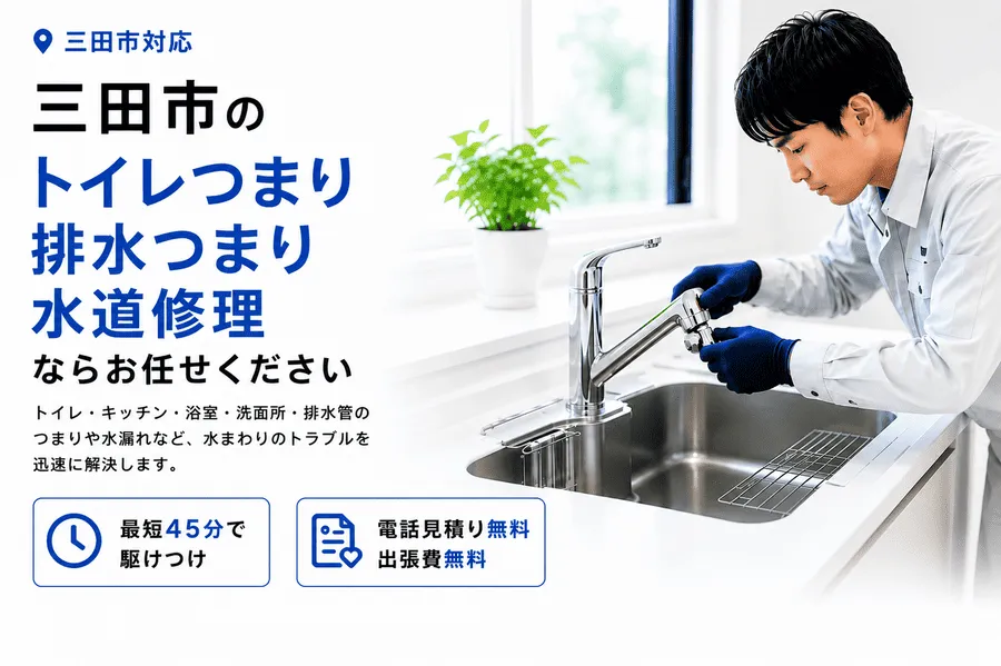 三田市対応のトイレつまり・排水つまり・水道修理サービス。最短45分で駆けつけ、電話見積り無料・出張費無料