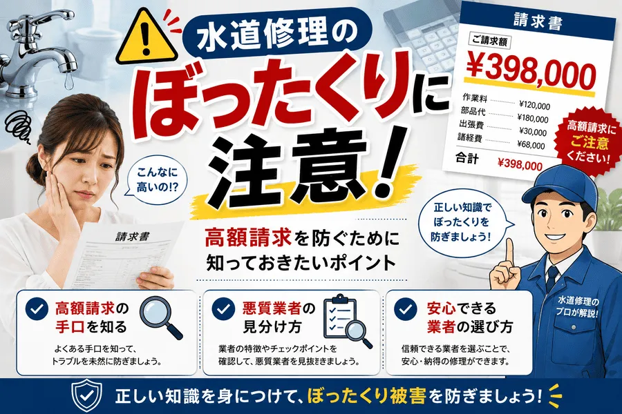 水道修理でぼったくりや高額請求を防ぐ方法を解説したイメージ