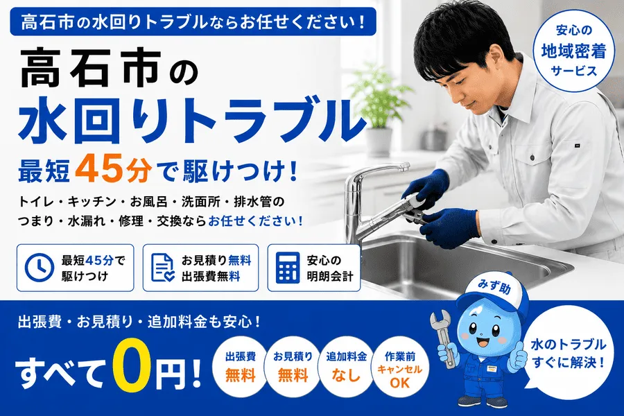 高石市の水回りトラブル・トイレつまり・排水つまり・水道修理に最短45分で対応する水道修理スタッフ