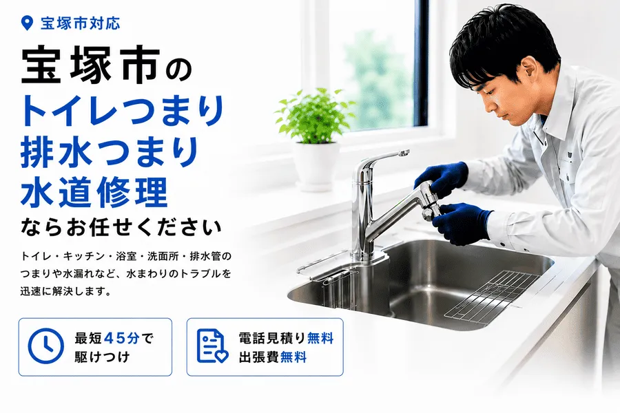宝塚市対応のトイレつまり・排水つまり・水道修理サービス。最短45分で駆けつけ、電話見積り無料・出張費無料